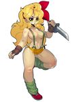  absurdres blonde_hair breasts collarbone curly_hair dark_persona dragon_ball dragon_ball_(classic) fengmo gloves green_eyes hair_ribbon hairband highres knife long_hair loose_socks lunch_(dragon_ball) medium_breasts midriff navel ribbon shorts socks solo stomach suspenders weapon white_background 