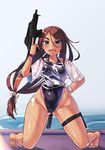  ahagon_umiko airsoft ass_visible_through_thighs assault_rifle barefoot black_swimsuit blue_eyes brown_hair cameltoe competition_swimsuit dark_skin full_body g36c gun hair_ribbon kneeling long_hair looking_at_viewer low-tied_long_hair natori_youkai new_game! one-piece_swimsuit ribbon rifle see-through shirt solo swimsuit tied_shirt very_long_hair weapon wet wet_clothes white_ribbon 