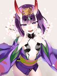  bangs blush bob_cut fangs fate/grand_order fate_(series) fingersmile flower gen_(gen_m_gen) headpiece horns japanese_clothes jewelry kimono looking_at_viewer oni oni_horns open_clothes open_kimono pale_skin purple_eyes purple_hair revealing_clothes short_eyebrows short_hair short_kimono shuten_douji_(fate/grand_order) solo wide_sleeves 