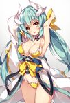  aqua_hair armpits ass_visible_through_thighs bare_arms bikini bow breasts cleavage cowboy_shot fate_(series) frilled_bikini_top frills gradient gradient_background grey_background hair_bow highres horns japanese_clothes kimono kiyohime_(fate/grand_order) kiyohime_(swimsuit_lancer)_(fate) large_breasts long_hair looking_at_viewer smile solo standing swimsuit thigh_gap unacchi_(nyusankin) yellow_bikini yellow_bow yellow_eyes 