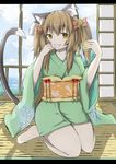  :p alternate_costume alternate_eye_color alternate_hairstyle animal_ears barefoot blue_sky brown_hair cat_ears cat_tail chen cloud day finger_to_tongue food green_kimono indoors japanese_clothes jewelry kimono kitoboshi letterboxed looking_at_viewer multiple_tails obi sash shadow short_hair short_kimono single_earring sitting sky sliding_doors solo tail tatami tongue tongue_out touhou two_side_up veranda wariza yellow_eyes yukata 