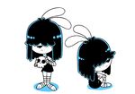  2017 anthro barefoot black_hair bunny_ears_(disambiguation) clothing digital_media_(artwork) dress female freckles frown fur gaturo hair hair_over_eyes hi_res lagomorph legwear lucy_loud mammal rabbit rear_view simple_background sitting skull socks solo standing the_loud_house white_background white_fur young 