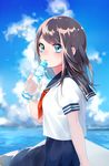  blue_eyes brown_hair day gen_(gen_m_gen) highres long_hair looking_at_viewer looking_back ocean original outdoors parted_lips ramune school_uniform serafuku short_sleeves solo wind 