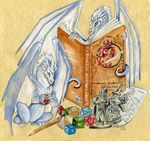  2017 ambiguous_gender blue_eyes book dice dragon dungeons_&amp;_dragons duo english_text feral hair heather_bruton horn membranous_wings miniatures pencil_(object) scales text tongue tongue_out white_hair white_scales wings 