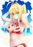  ahoge alternate_hairstyle arms_up beach bikini blonde_hair breasts criss-cross_halter day fate/grand_order fate_(series) gen_(gen_m_gen) green_eyes hair_between_eyes hair_intakes halterneck lens_flare long_hair looking_at_viewer medium_breasts navel nero_claudius_(fate)_(all) nero_claudius_(swimsuit_caster)_(fate) smile striped striped_bikini swimsuit twintails underbust 