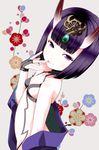  bangs blunt_bangs breasts fang fate/grand_order fate_(series) headpiece horns looking_at_viewer oni oni_horns purple_eyes purple_hair short_hair shuten_douji_(fate/grand_order) small_breasts smile solo tsukumo 