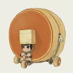  barefoot black_eyes black_hair blush closed_mouth commentary_request dot_nose ebimomo expressionless food grey_background humanization looking_afar morinaga_(brand) original pancake pedal simple_background solo tricycle wheel zipper 