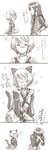  00s 1boy 1girl 4koma ama_17 animal_ears bangs blush bracelet cat_ears cat_tail choker collar comic drunk eyebrows_visible_through_hair eyes_closed jewelry long_hair monochrome rita_mordio short_hair simple_background smile spoken_? spoken_light_bulb spoken_question_mark tail tales_of_(series) tales_of_vesperia thought_bubble wariza white_background yuri_lowell 