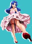  :d ass_visible_through_thighs blue_eyes blue_hair blush breasts cleavage dress dress_lift earrings elbow_gloves fang gloves high_heels jewelry kirakira_precure_a_la_mode long_hair looking_at_viewer necklace open_mouth panties pink_dress pink_gloves precure satou_shouji small_breasts smile solo tategami_aoi underwear 