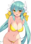  :d absurdres aqua_hair arms_behind_back bare_shoulders bikini bow breasts cleavage commentary_request cowboy_shot eyebrows_visible_through_hair fate/grand_order fate_(series) hair_between_eyes hair_bow halterneck haruyuki_(yukichasoba) highres horns kiyohime_(fate/grand_order) kiyohime_(swimsuit_lancer)_(fate) large_breasts low_twintails navel open_mouth simple_background smile solo swimsuit twintails white_background yellow_bikini yellow_eyes 
