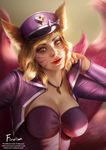  ahri animal_ears artist_name blonde_hair bow breasts cleavage facial_mark firolian fur hat highres jewelry large_breasts league_of_legends lips multiple_tails necklace parted_lips popstar_ahri solo tail whisker_markings 