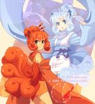  alolan_form alolan_vulpix animal_ears brown_eyes dav-19 detached_sleeves fox_ears fox_tail humanization japanese_clothes kimono kitsune looking_at_viewer multiple_girls multiple_tails open_mouth personification pokemon red_hair scarf short_kimono silver_eyes silver_hair smile tail vulpix wide_sleeves 