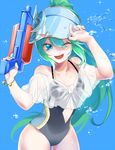  artemis_(p&amp;d) blue_eyes covered_navel gen_(gen_m_gen) green_hair hair_between_eyes highres long_hair one-piece_swimsuit one_eye_closed open_mouth ponytail puzzle_&amp;_dragons see-through smile solo swimsuit very_long_hair visor_cap water water_gun 