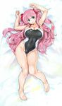  bare_arms bare_legs bare_shoulders barefoot blue_eyes blush breasts cleavage commentary_request competition_swimsuit full_body hair_ribbon haramura_nodoka highleg highleg_swimsuit highres huge_breasts kiyama_satoshi long_hair looking_at_viewer lying on_back one-piece_swimsuit parted_lips pink_hair red_ribbon ribbon saki solo swimsuit thigh_gap two_side_up very_long_hair 