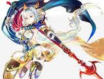  1girl animal_ears breasts cleavage erune gloves granblue_fantasy heles helmet highres large_breasts long_hair looking_at_viewer pauldrons polearm red_eyes skirt solo spear thighhighs very_long_hair weapon white_hair 