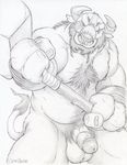  anthro balls bovine circumcised dudebulge facial_piercing foreshortening front_view greyscale hairy half-erect hammer hi_res holding_object holding_weapon horn looking_at_viewer male mammal monochrome musclegut muscular nipples nose_piercing nose_ring pecs pencil_(artwork) penis piercing portrait pubes septum_piercing solo tauren three-quarter_portrait tools traditional_media_(artwork) video_games warcraft warhammer weapon 