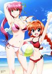  :d absurdres arm_up armpits ball bare_shoulders beach beachball bikini blue_eyes blush bow braid breasts cleavage cloud day groin hair_intakes hair_ribbon highres inoue_kazutoshi long_hair lyrical_nanoha magazine_scan mahou_shoujo_lyrical_nanoha mahou_shoujo_lyrical_nanoha_the_movie_3rd:_reflection medium_breasts mountain multiple_girls navel nyantype o-ring o-ring_bikini o-ring_top ocean official_art open_mouth outdoors pink_bikini pink_hair red_bikini ribbon scan shiny shiny_hair shiny_skin side-tie_bikini signum sky smile swimsuit twin_braids vita waving 