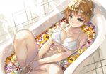  bangs bare_legs barefoot bath bathtub bikini bikini_top blonde_hair blush breasts cleavage collarbone covered_nipples covering covering_crotch eyelashes flower from_above grey_eyes knees_up large_breasts light_rays looking_at_viewer original partially_submerged petals petals_on_liquid ran'ou_(tamago_no_kimi) short_hair slipper_bathtub smile solo swimsuit v_arms water white_bikini white_bikini_top yellow_eyes 