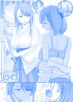  2girls 3: :o ai-chan_(tawawa) asymmetrical_bangs bangs blue bra braid breasts closed_eyes comic commentary flying_sweatdrops getsuyoubi_no_tawawa gohei himura_kiseki japanese_clothes jitome jitome-chan_(tawawa) large_breasts long_hair miko misunderstanding monochrome multiple_girls o_o plaid plaid_bra shaking_head short_hair side_braid sidelocks silent_comic speech_bubble sweatdrop tears thought_bubble underwear undressing uneven_eyes 