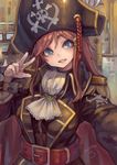  bangs belt bicorne black_jacket blue_eyes braid breasts brooch brown_hair cravat dated epaulettes grin hair_ornament hairclip hand_up hat highres jacket jewelry katou_marika large_breasts long_hair long_sleeves looking_at_viewer miniskirt_pirates no_pupils outstretched_arm pirate pirate_hat reaching_out self_shot signature skull_and_crossbones smile solo suzuno_(bookshelf) teeth upper_body w wing_collar 