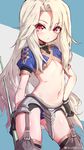  armor artist_name ass_visible_through_thighs bangs bikini_armor black_gloves codpiece contrapposto cosplay cowboy_shot cu_chulainn_(fate/prototype) cu_chulainn_(fate/prototype)_(cosplay) eyebrows_visible_through_hair fate/kaleid_liner_prisma_illya fate/prototype fate_(series) flat_chest garter_straps gloves hand_on_hip highres illyasviel_von_einzbern light_brown_hair long_hair looking_at_viewer midriff multicolored multicolored_eyes navel parted_bangs pink_eyes polearm revealing_clothes shanyao_jiang_tororo short_sleeves sidelocks simple_background solo spear standing thighhighs tsurime very_long_hair watermark weapon weibo_logo weibo_username 