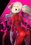  ass blonde_hair blue_eyes bodysuit cat_tail commentary_request fake_tail from_behind gloves hair_ornament highres long_hair looking_at_viewer looking_back mask mask_removed one_eye_closed persona persona_5 red_bodysuit smile solo tail takamaki_anne twintails white_gloves yamacchi zipper 
