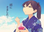  alternate_costume brain_freeze brown_hair commentary flower food hair_flower hair_ornament highres holding holding_food holding_spoon japanese_clothes kaga_(kantai_collection) kantai_collection kimono looking_up masukuza_j shaved_ice side_ponytail solo spoon translated yellow_eyes 