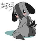  2017 animate_inanimate anthro big_butt black_nose blush breasts butt canine digital_media_(artwork) dog english_text female looking_at_viewer looking_back mammal meme neboone nintendo nintendo_switch nude open_mouth short_stack simple_background sitting slightly_chubby smile solo switch_dog tailwag text thick_thighs video_games wagging 