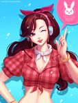  alternate_costume aqua_background artist_name bangle blue_background bracelet breasts brown_eyes brown_hair buttons character_name cleavage collarbone collared_shirt cruiser_d.va d.va_(overwatch) david_pan earrings emblem front-tie_top gradient gradient_background grey_neckwear hair_down hand_on_hip head_scarf headphones hoop_earrings index_finger_raised jewelry long_hair looking_at_viewer medium_breasts midriff one_eye_closed overwatch parted_lips plaid plaid_shirt puffy_short_sleeves puffy_sleeves red_lips red_shirt revision shadow shirt short_sleeves smile solo speech_bubble upper_body 