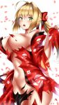  ahoge blonde_hair bow breasts cherry_blossoms commentary_request cowboy_shot eyebrows_visible_through_hair farys_(afopahqfw) fate/grand_order fate_(series) green_eyes hair_bow hair_tubes highres japanese_clothes kimono large_breasts long_hair navel nero_claudius_(fate) nero_claudius_(fate)_(all) open_mouth ponytail torn_clothes white_background 