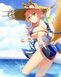  absurdres animal_ears ass bikini blue_bikini blush breasts cleavage day drums_(zzszsz2333) ears_through_headwear fate/grand_order fate_(series) fox_ears fox_tail hat highres innertube large_breasts long_hair looking_at_viewer ocean outdoors pink_hair solo straw_hat sun_hat swimsuit tail tamamo_(fate)_(all) tamamo_no_mae_(fate) tamamo_no_mae_(swimsuit_lancer)_(fate) underboob water yellow_eyes 