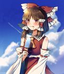  :p ascot bangs bare_shoulders blue_sky blush bow brown_hair cloud cloudy_sky commentary_request cowboy_shot day detached_sleeves food hair_bow hair_tubes hakurei_reimu long_sleeves looking_at_viewer nontraditional_miko popsicle red_bow red_eyes red_skirt red_vest retota ribbon-trimmed_sleeves ribbon_trim sidelocks skirt skirt_set sky solo tongue tongue_out touhou vest wide_sleeves 