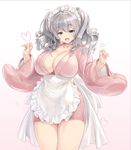 :d alternate_costume apron bangs blue_eyes blush breasts cleavage collarbone commentary_request cowboy_shot enmaided highres japanese_clothes kantai_collection kashima_(kantai_collection) kimono kiyama_satoshi large_breasts long_sleeves looking_at_viewer maid maid_headdress md5_mismatch open_mouth short_kimono silver_hair smile solo twintails waist_apron wavy_hair wide_sleeves 