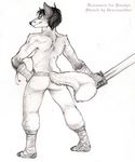  2013 annmarie arm_wraps athletic barefoot breasts canine clothed clothing female fox gravewalker looking_at_viewer looking_back mammal melee_weapon scar side_boob sword topless weapon wraps 