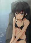  :d absurdres alternate_hairstyle asashio_(kantai_collection) bikini black_bikini black_hair blue_eyes blush breasts cleavage collarbone cowboy_shot crease front-tie_top highres kantai_collection long_hair nagami_yuu open_mouth ponytail rock scan side-tie_bikini small_breasts smile solo swimsuit water 