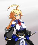  ahoge blazblue blonde_hair blue_eyes blush braid breasts closed_mouth detached_sleeves dress es_(xblaze) expressionless frilled_shirt frills huge_ahoge large_breasts long_hair long_sleeves looking_at_viewer necktie nejime_(nejimeinu) shirt single_braid solo sword underbust weapon xblaze 