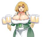  alcohol alternate_costume alternate_hair_color alternate_hairstyle animal_ears apron bangs barmaid beer blonde_hair blunt_bangs blush breasts collarbone commentary cup dress drinking_glass eyebrows_visible_through_hair feathers gem green_dress highres holding holding_cup huge_breasts jewelry kikimora_(monster_girl_encyclopedia) long_sleeves looking_at_viewer monster_girl_encyclopedia nav necklace open_mouth orange_eyes short_hair simple_background smile solo upper_body waist_apron white_background 