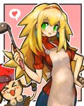  blonde_hair breasts cabbie_hat dakusuta data_(rockman_dash) green_eyes hat highres long_hair looking_at_viewer medium_breasts red_shirt rockman rockman_dash roll_caskett shirt smile sweater very_long_hair 