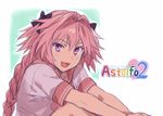  astolfo_(fate) black_bow bow braid fang fate/apocrypha fate/grand_order fate_(series) hair_ribbon highres male_focus open_mouth otoko_no_ko parody pink_hair purple_eyes red_sailor_collar ribbon sailor_collar single_braid smile to_heart_2 yone_f15 