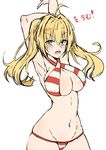  ahoge armpits arms_up bangs blonde_hair blush breasts cleavage commentary_request eyebrows_visible_through_hair fate/grand_order fate_(series) green_eyes hair_between_eyes hair_intakes hips large_breasts long_hair looking_at_viewer nakatokung navel nero_claudius_(fate)_(all) nero_claudius_(swimsuit_caster)_(fate) open_mouth simple_background sketch smile solo teeth twintails white_background 