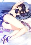  :3 armpits arms_up ass bare_legs bikini breasts eyebrows_visible_through_hair floral_print hat hat_ribbon kasumigaoka_utaha large_breasts long_hair looking_at_viewer lying nakamura_takeshi on_side pink_eyes print_sarong purple_bikini purple_hair ribbon saenai_heroine_no_sodatekata sandals sarong smile solo sun_hat swimsuit toes 