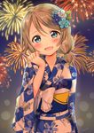  aerial_fireworks bico_(bicoris) blue_eyes blush brown_hair clenched_hand fireworks floral_print flower grey_hair hair_flower hair_ornament highres japanese_clothes kimono looking_at_viewer love_live! love_live!_sunshine!! low_twintails obi open_mouth sash short_twintails smile solo twintails twitter_username upper_body watanabe_you wide_sleeves 