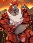  anthro anthrofied balls barazoku biceps close-up clothing groudon legendary_pok&eacute;mon looking_at_viewer male manly muscular navel nintendo nuroi pecs penis pok&eacute;mon sharp_teeth smile solo spikes standing teeth thick_thighs triceps uncut undressing video_games volcano yellow_eyes 