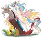  &lt;3 2017 blush discord_(mlp) draconequus duo equine fangs female flower friendship_is_magic horn male mammal my_little_pony one_eye_closed plant princess_celestia_(mlp) sitting stepandy tongue tongue_out winged_unicorn wings wink 