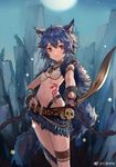  animal_ears belt bible_bullet bikini_top blue_hair breasts chain choker cuffs earrings hand_on_hip huanxiang_heitu jewelry looking_at_viewer nail_polish navel necklace outdoors parted_lips pink_eyes pointing_weapon saber_(weapon) shackles short_hair skirt skull slit_pupils small_breasts solo sword tattoo thigh_strap watermark weapon white_bikini_top 