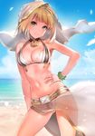  ahoge bangs bare_shoulders beach belt bikini blonde_hair blue_sky breasts bridal_veil cleavage collarbone commentary_request day fate/extra fate_(series) feathers green_eyes hair_intakes hand_on_hip highres hips lock looking_at_viewer medium_breasts navel nero_claudius_(bride)_(fate) nero_claudius_(fate)_(all) ocean outdoors sarong sky smile solo swimsuit thighs veil white_bikini wind wind_lift yuran zipper zipper_pull_tab 