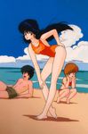  80s ayukawa_madoka barefoot beach bikini black_eyes black_hair brown_eyes brown_hair clothes_writing day hand_on_hip hand_on_own_knee hands_on_own_face hiyama_hikaru kimagure_orange_road leaning_back long_hair looking_at_viewer matsumoto_izumi ocean official_art oldschool one-piece_swimsuit open_mouth orange_swimsuit outdoors pose red_bikini short_hair squatting standing swimsuit 