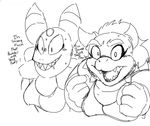  beanish black_and_white blush breasts cackletta crossgender dialogue drooling duo english_text eyelashes female grin horn kl0ndike koopa mario_and_luigi_(series) mario_bros monochrome nintendo saliva scalie sharp_teeth smile superstar_saga sweat teeth text video_games 