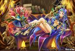  blue_hair book center_opening copyright_name couch dragon dragon_horns earrings force_of_will gem high_heels horns jewelry lamp long_hair mercurius_(force_of_will) multicolored_hair official_art purple_eyes purple_hair solo staff two-tone_hair ynagasaki 