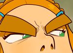  aipiepo amarao brown_background eyebrows flcl forehead green_eyes hair_ornament hairclip nose nostrils parody princess_zelda solo the_legend_of_zelda the_legend_of_zelda:_breath_of_the_wild thick_eyebrows 